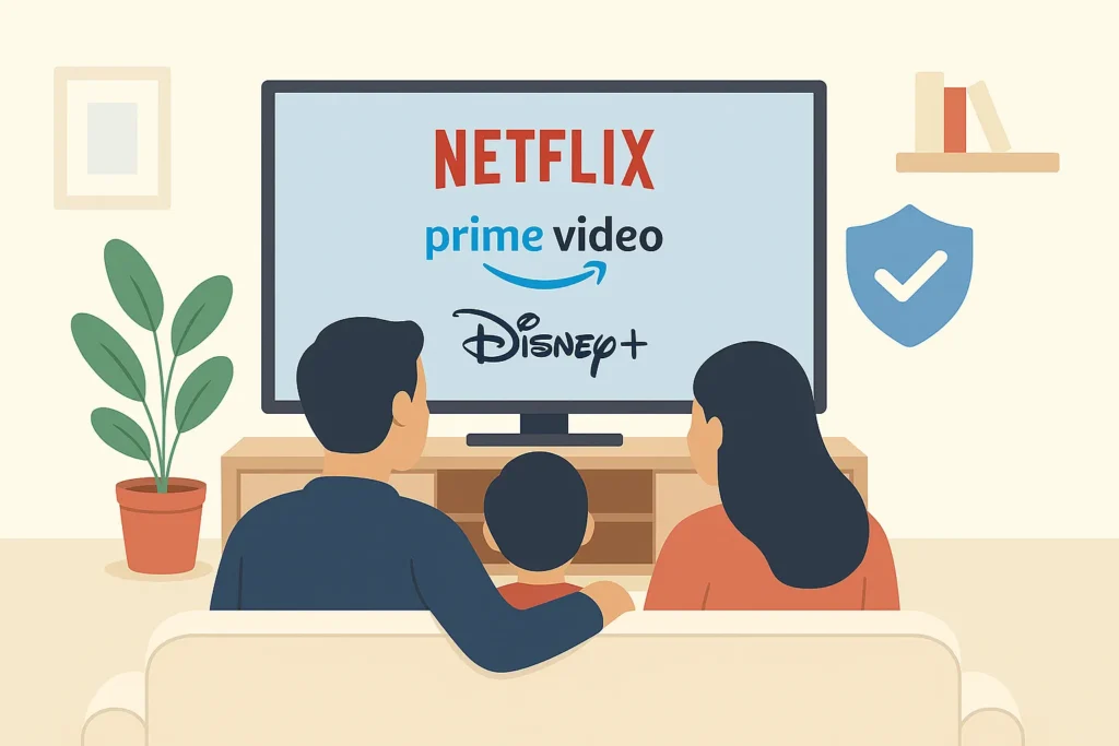 Family watching Netflix and Disney+ on a home theater setup, representing safe alternatives to MKVCinemas.