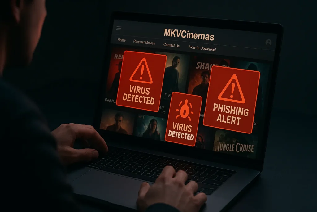 User on laptop visiting MKVCinemas with red virus and phishing warning pop-ups showing piracy risks.