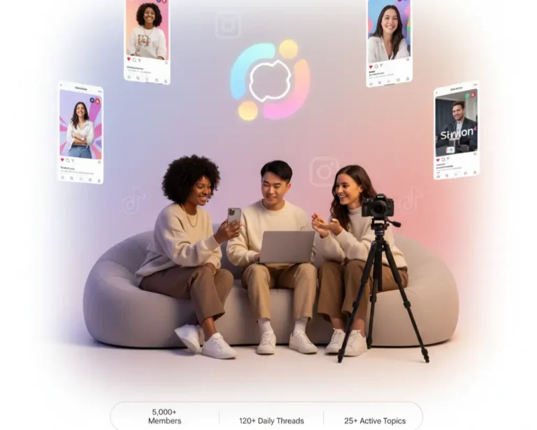 A group of diverse young creators sitting together using phones and laptops, brainstorming social media content in a bright, modern studio.
