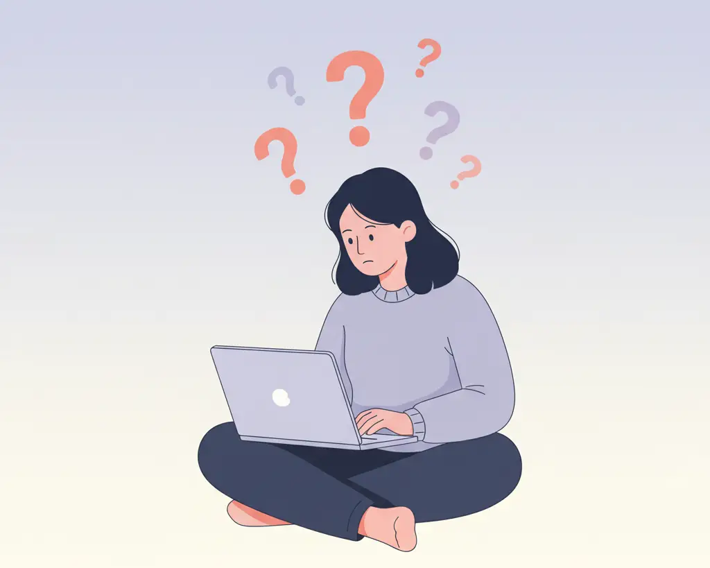 Person sitting at a desk using a laptop with question marks floating above to symbolize curiosity and learning.