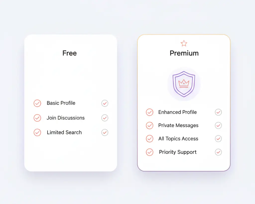 Side-by-side membership comparison showing Free and Premium options with checkmarks highlighting extra benefits.